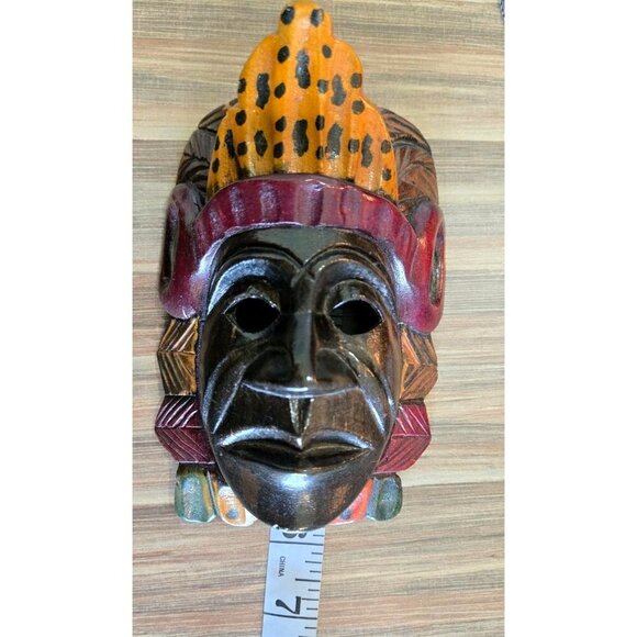 Mayan Vtg Mask Hand Carved Wood 5.75"x2.25" Painted Tribal Ceremonial Folk Art - Picture 9 of 10